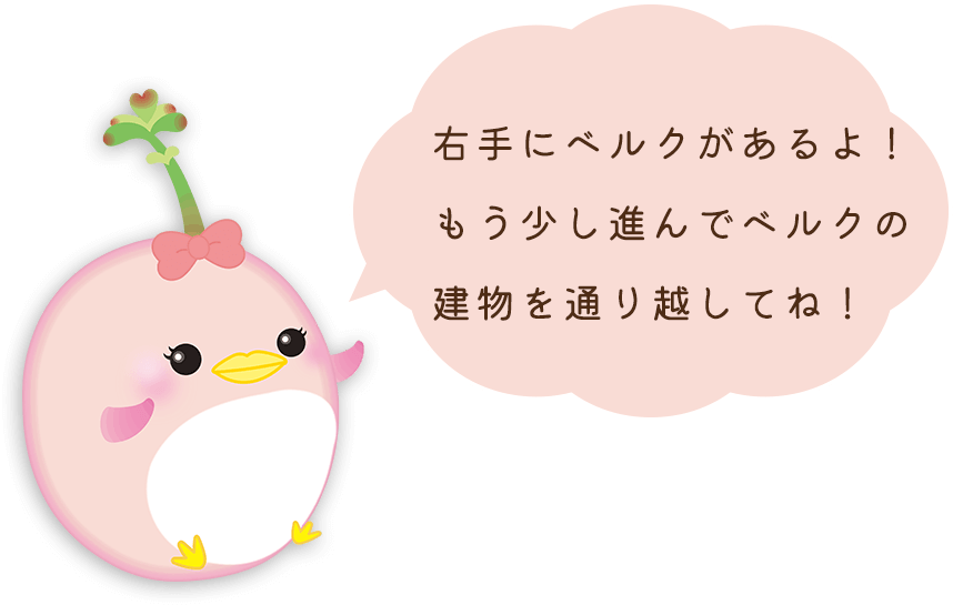右手にベルクがあるよ！もう少し進んでベルクの建物を通り越してね！