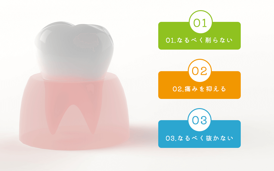 01.なるべく削らない、02.痛みを抑える、03.なるべく抜かない